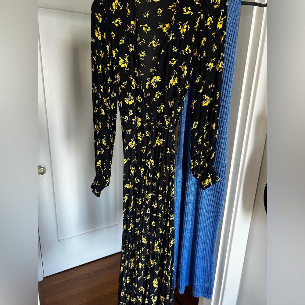 Ganni XS wraparound dress in black with yellow floral print
